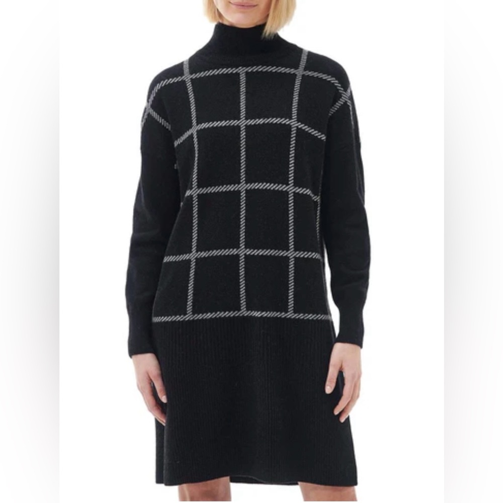 Barbour NWT Marsha Check Jacquard long sleeve wool blend sweater dress in black